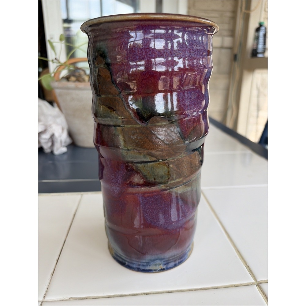 Studio Pottery Vase Drip Glaze Signed 9" Beautiful! (C5)